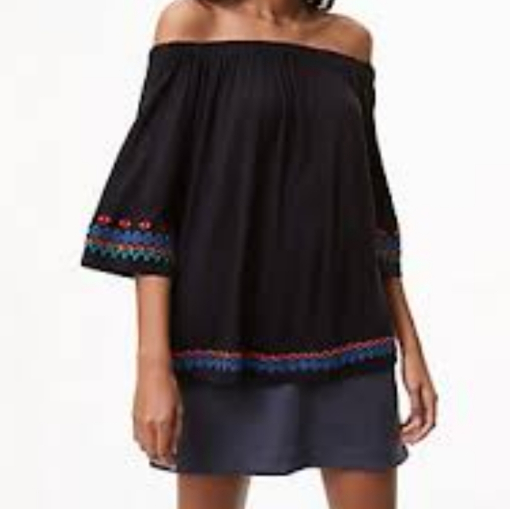 Loft Off Shoulder Blouse Embroidered Trim Size SP Black Boho Festival Peasant